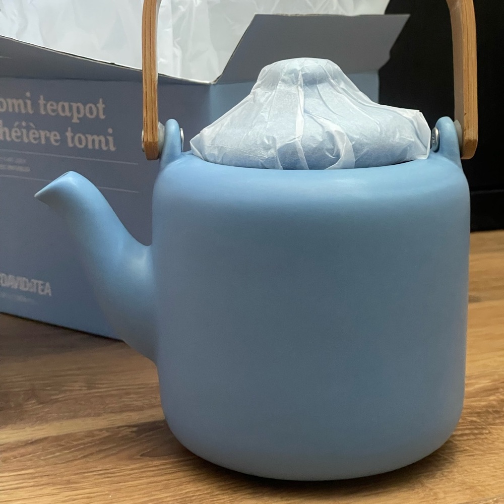 Blue Ceramic Teapot with Wooden Handle